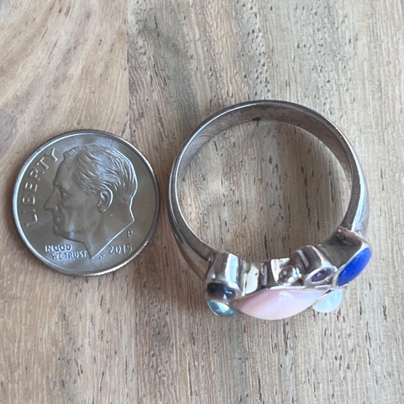 Vintage Ring signed 925 LT lapis, pearl, amethyst garnet aquamarine sz 9. - Picture 11 of 11